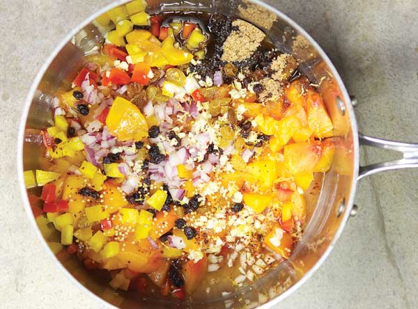 
All the chutney ingredients go into the pot at the same time, and the batch simmers for a long time.
